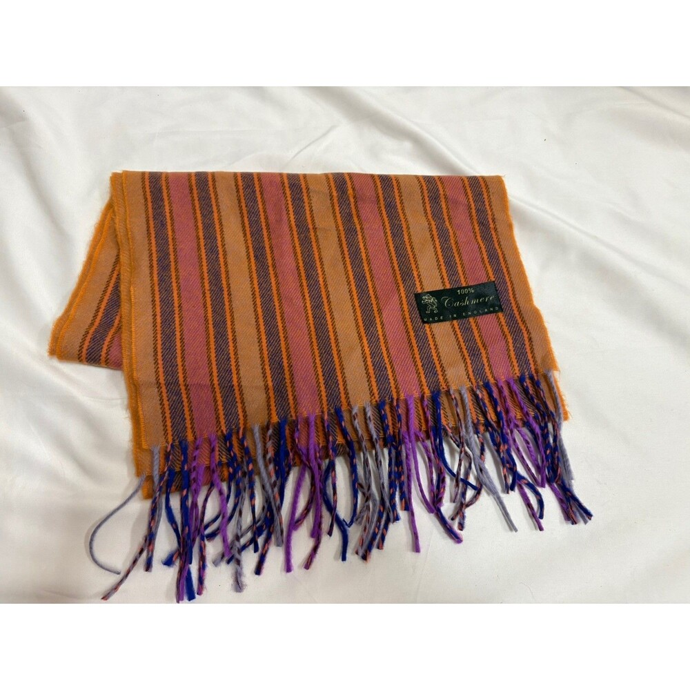 Vintage Cashmere Scarf Made In England Orange Purple Blue Tassles
